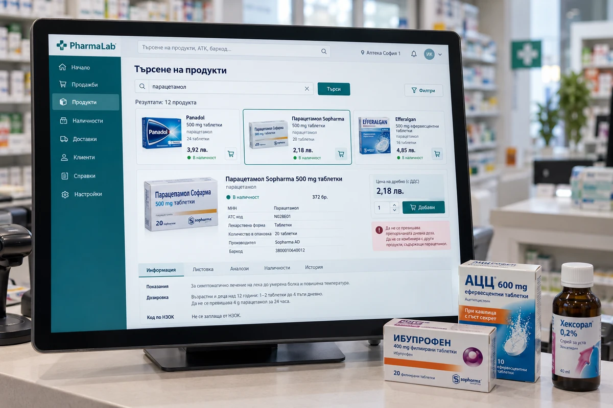 PharmaLab: продуктов каталог на монитор в аптека с продукти на работния плот
