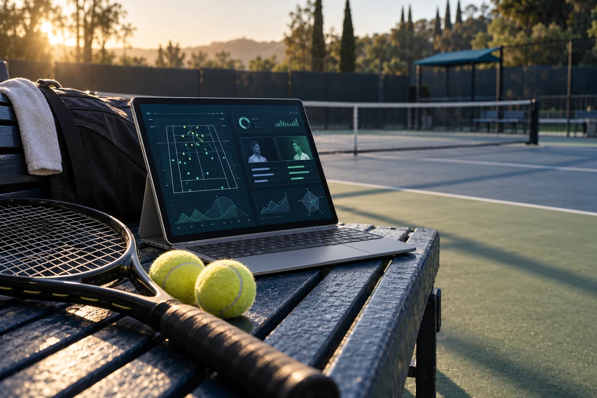 Авторска визуална концепция за TennisJack: тенис екипировка и аналитичен интерфейс край корта